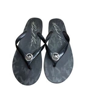 Michael Kors Black Monogram Flip Flop Sandals Silver MK Logo Medallion Size 10